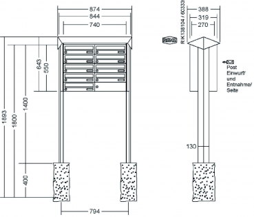 RENZ Briefkastenanlage freistehend, PRISMA, Edelstahl V4A, Kastenformat 370x110x270mm, 9-teilig, zum Einbetonieren